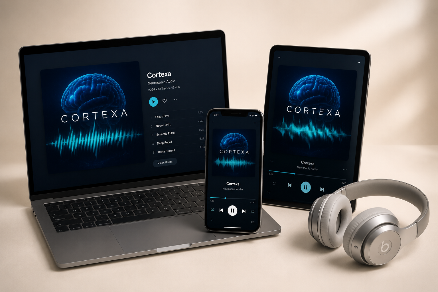 The Cortexa Frequency on laptop, phone and tablet with headphones