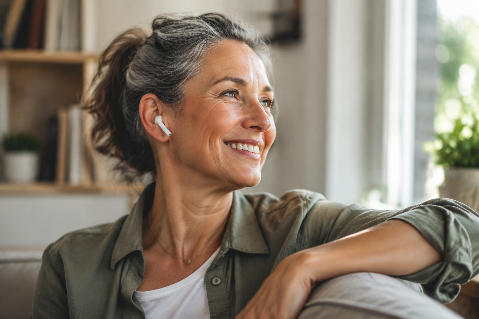 Woman listening with earbuds